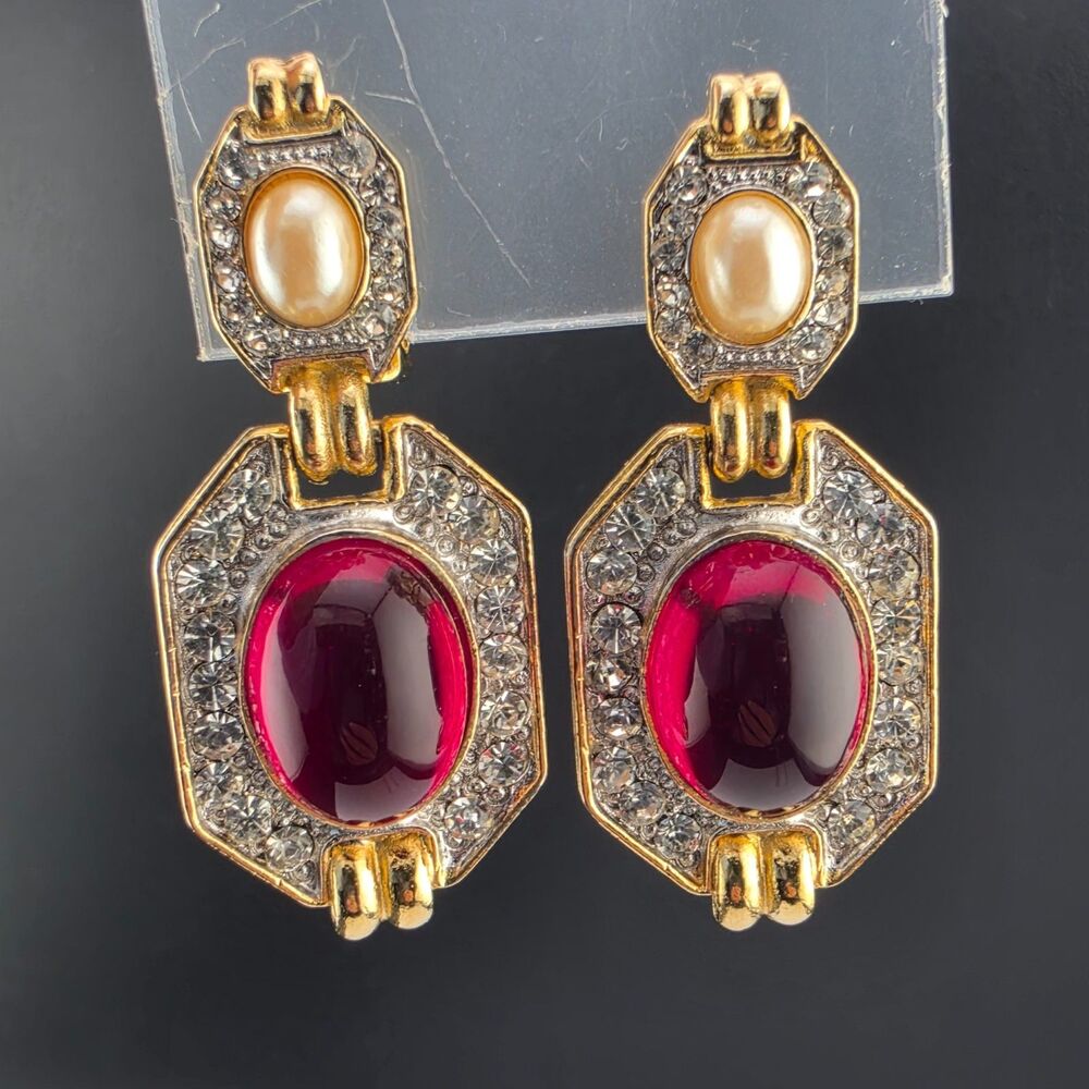 Vintage Donald Standard Red Jellybelly Statement Clip Earrings Gold Rhinestone